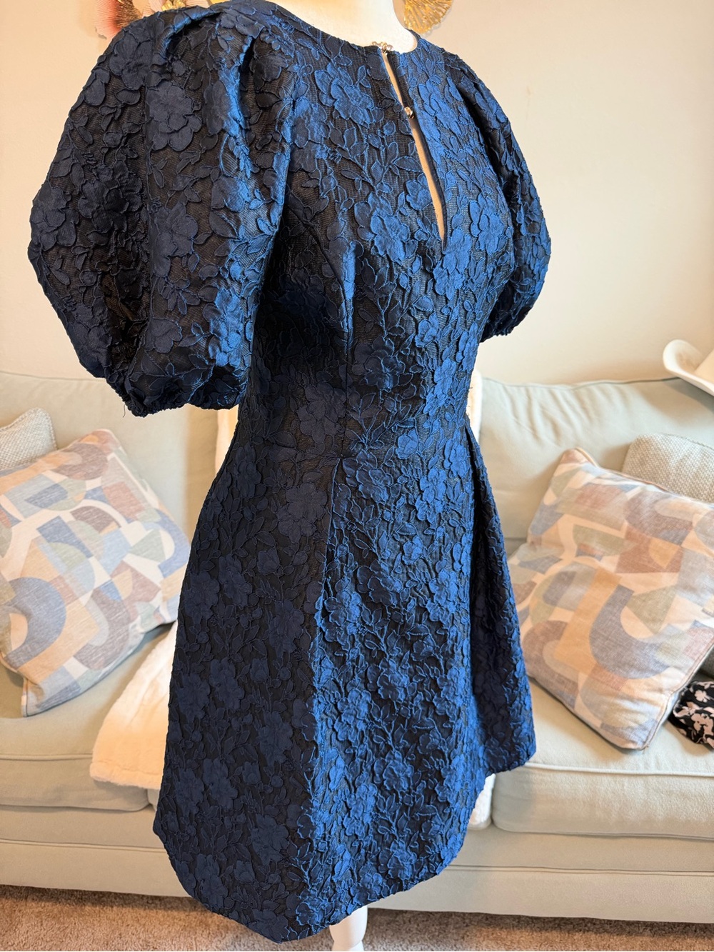 Vince Camuto Navy Floral Jacquard Puff-Sleeve Mini Dress